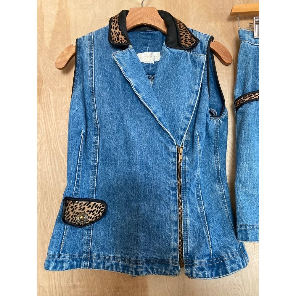 Vintage St. Maarten Dallas Denim Skirt Set Small Vest & Mini Skirt Leopard Trim - Picture 2 of 13